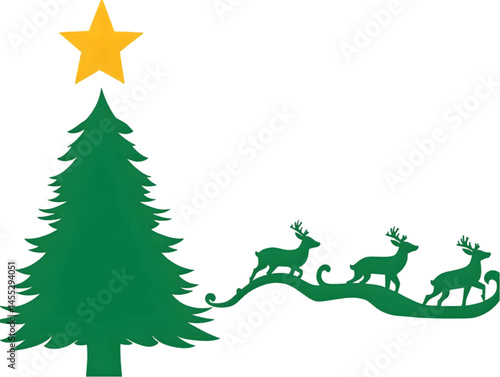 Green Christmas Tree With Yellow Star And Reindeer Silhouette Illustration