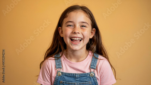 Joyful young girl with freckles laughs, in a studio portrait