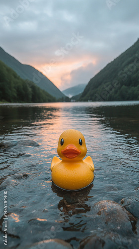 A lone rubber duck floats gently in the vast ocean, symbolizing childhood innocence, vulnerability, and resilience amidst the unpredictable and overwhelming forces of nature.

