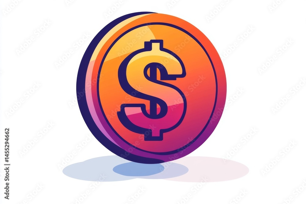 Obraz premium Modern colorful coin illustration with vibrant gradient and black centered dollar symbol