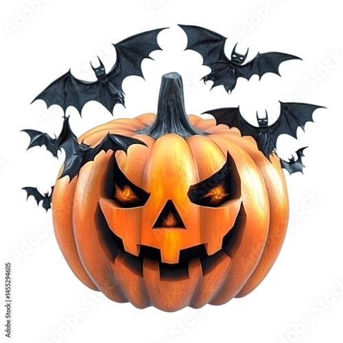 Halloween Illustration of a Carved Pumpkin with Bats in a Transparent Background