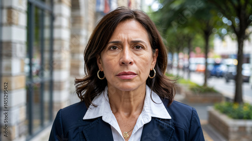 Mature woman in a blazer looks directly at the camera with a serious expression in the city