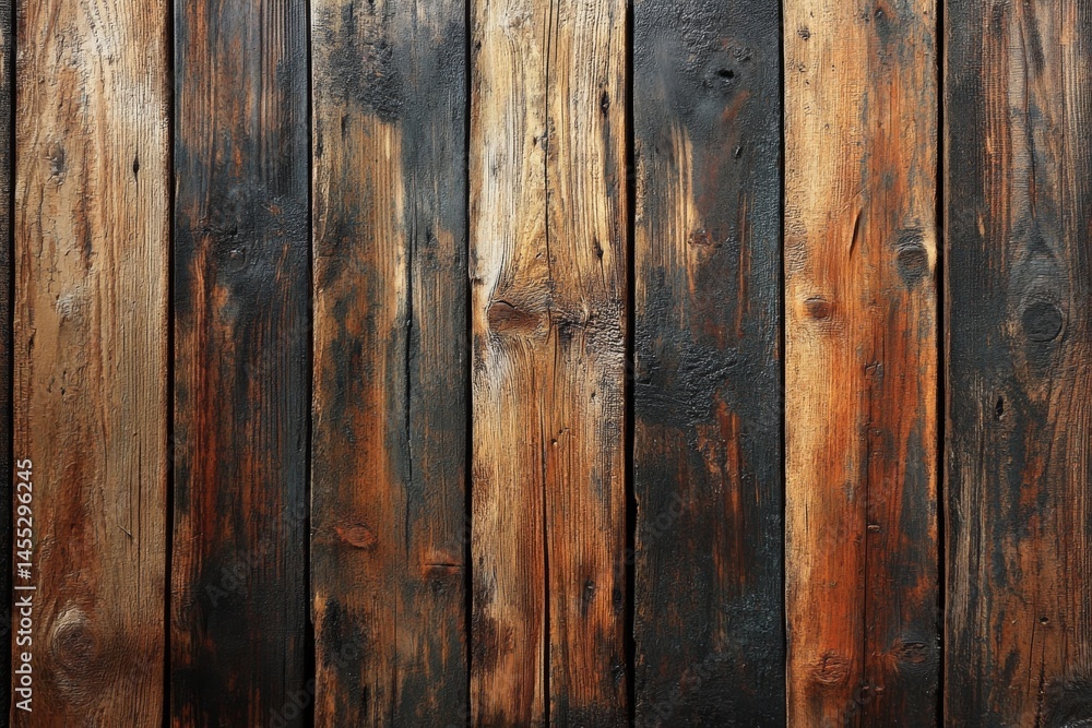 Weathered wooden planks with visible grain texture in dark brown shades Weathered wooden planks with visible grain texture in dark brown shades