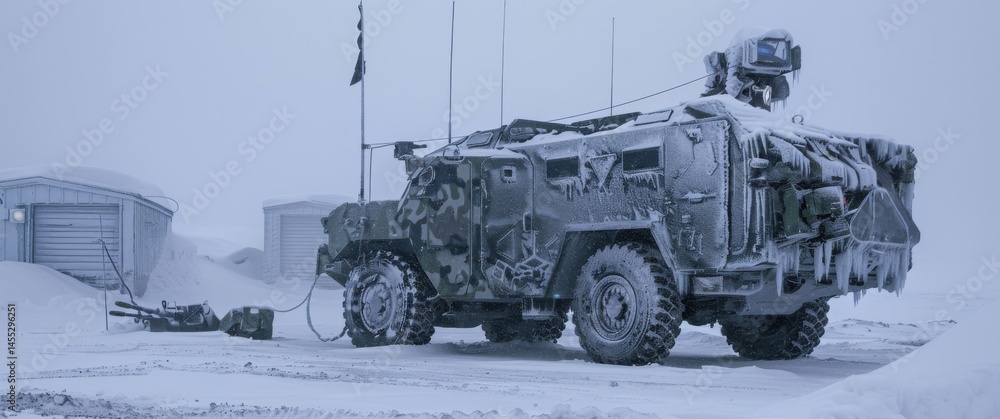 Fototapeta premium Arctic warfare tactical base employing snow camouflage strategies showcases extreme weather operation planning and thermal imaging displays.