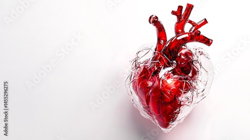 Realistic human heart in glass encasement on white background representing medical technology and cardiovascular health
