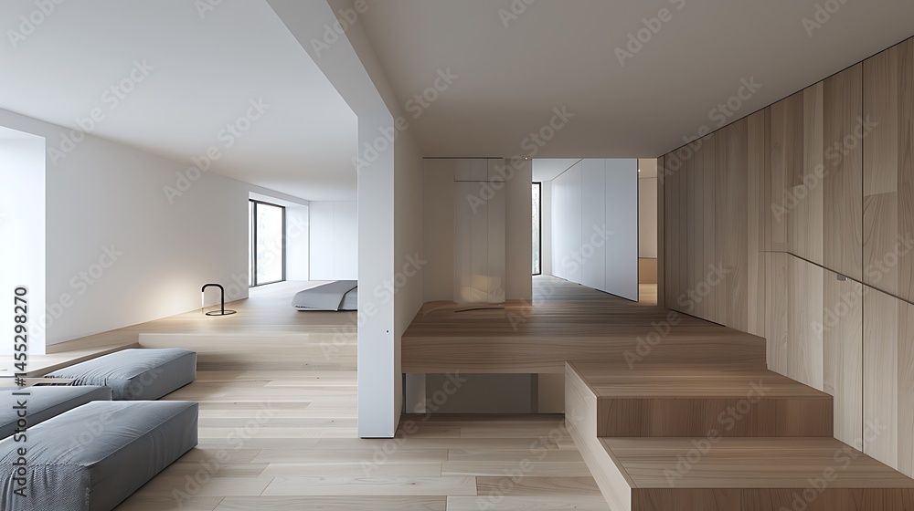Fototapeta premium Minimalistic Modern Home Interior with Natural Wood Accents and Open Space