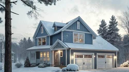 Winter Snowfall on Modern House – Serene Neighborhood Scene in Snowstorm