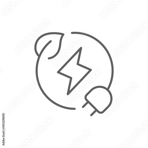 Green eco energy icon. Simple outline style. Clean power, transition, lightning in circle with plant leaf and plug, renewable concept. Thin line symbol. Vector illustration isolated. Editable stroke.