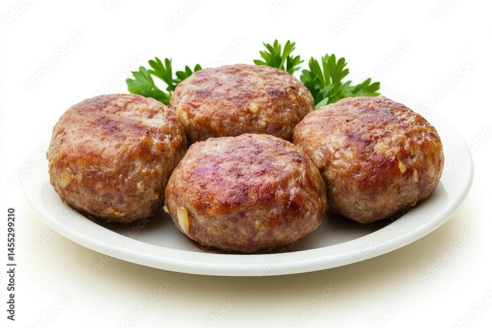 Four browned meat balls on a plate with fresh parsley Four browned meat balls on a plate with fresh parsley