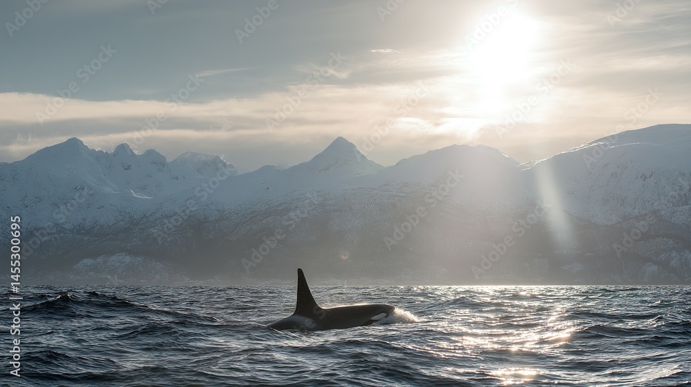 Fototapeta premium Majestic orca gliding through arctic waters, sunlit mountains as backdrop.