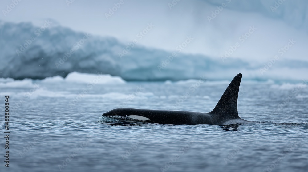 Naklejka premium A solitary orca glides through frigid arctic waters.