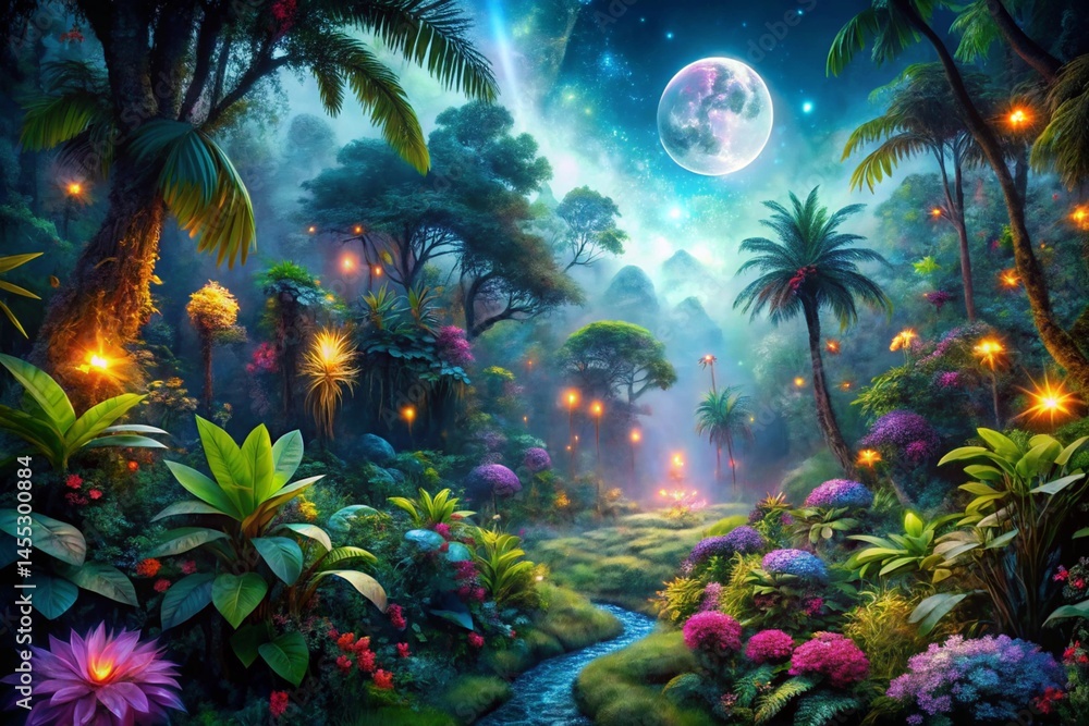 Fototapeta premium A captivating bioluminescent jungle at night with glowing plants, colorful flowers, a full moon, and ethereal glowing lights creating a mystical atmosphere