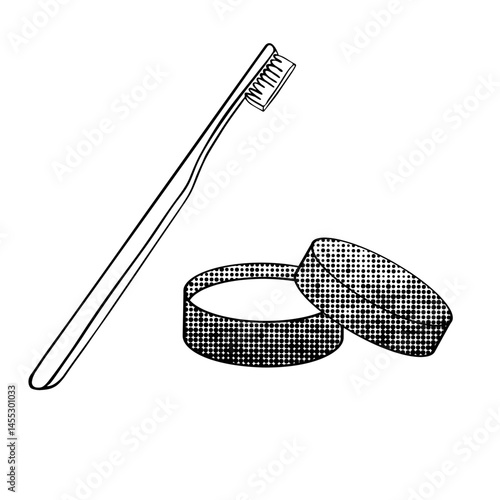 toothbrush and tooth dentifrice black and white vector illustration