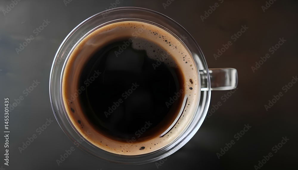 Close-up of transparent glass coffee cup filled with black coffee, Top view. Close-up of transparent glass coffee cup filled with black coffee, Top view.