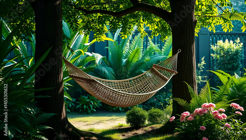 Tranquil Hammock Nestled Among Trees In A Lush Garden With Vibrant Flowers