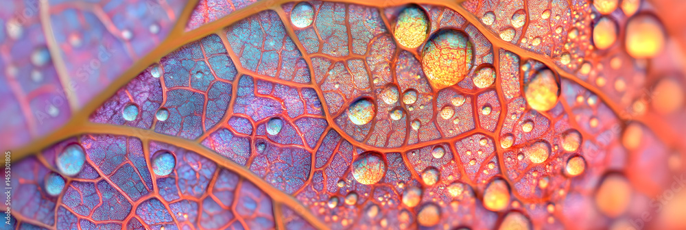 Obraz premium Vibrant Dew-Kissed Leaf: Nature's Intricate Patterns and Colors in Close-Up