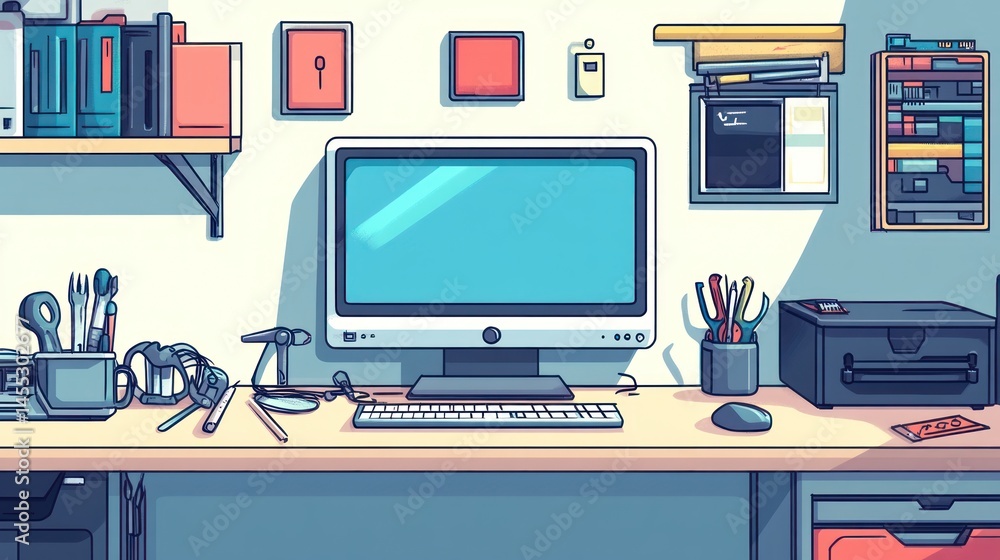 Digital workspace, computer desk, organized supplies, sunny room, interior design, illustration Digital workspace, computer desk, organized supplies, sunny room, interior design, illustration