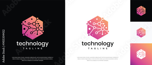 Technology connection hexagon logo design. Technology connection logo template. Technology logo symbol icon	