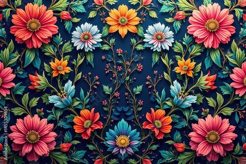 Intricate floral textile design, repeating motif, traditional, art