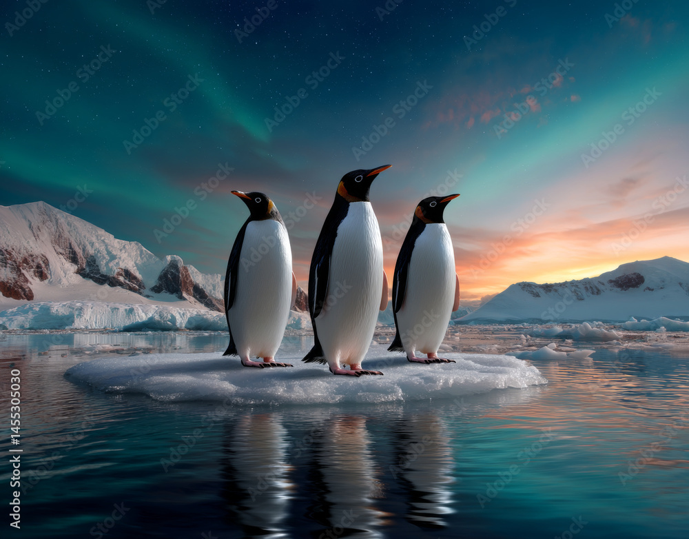 Obraz premium Majestic penguins standing on ice floe against stunning sunset and northern lights, creating serene and captivating scene