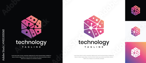 Technology connection hexagon logo design. Technology connection logo template. Technology logo symbol icon	