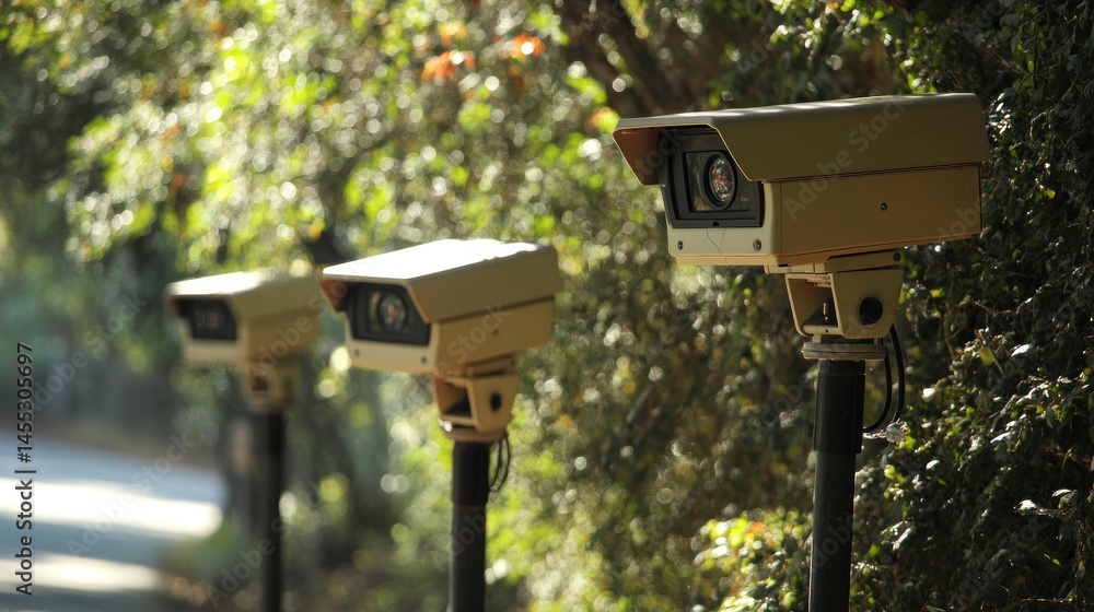a row of outdoor surveillance cameras standing guard in a tranquil, leafy environment, symbolizing advanced security measures integrated within natural settings a row of outdoor surveillance cameras standing guard in a tranquil, leafy environment, symbolizing advanced security measures integrated within natural settings