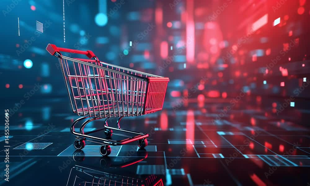 Digital shopping cart on a glowing city background, digital illustration, stock photo, in the style of red and blue color theme.