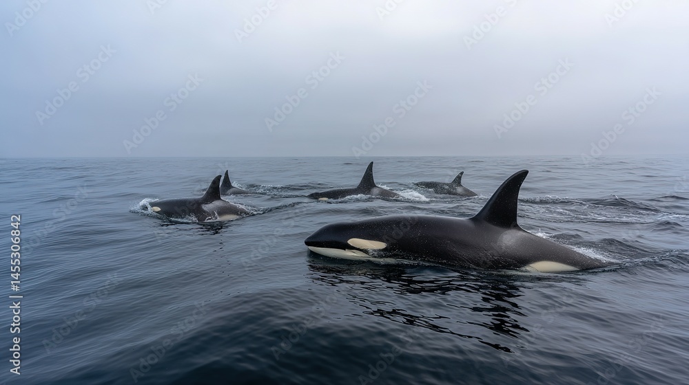 Fototapeta premium A group of orcas moving through a misty sea.