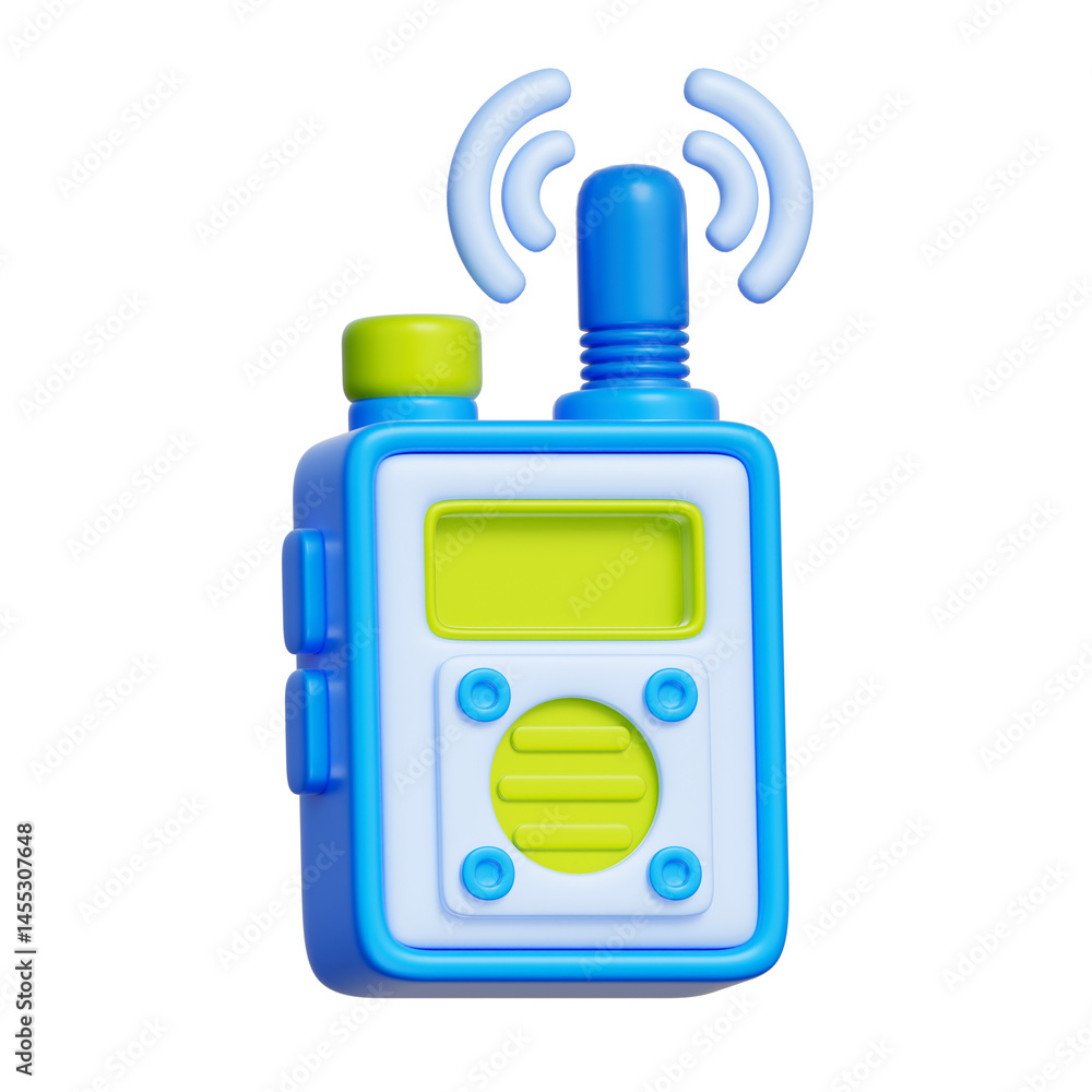 3D icon of a pair of walkie talkies with signal waves, representing short-distance communication, two-way radio devices, and emergency networking. 3D icon of a pair of walkie talkies with signal waves, representing short-distance communication, two-way radio devices, and emergency networking.