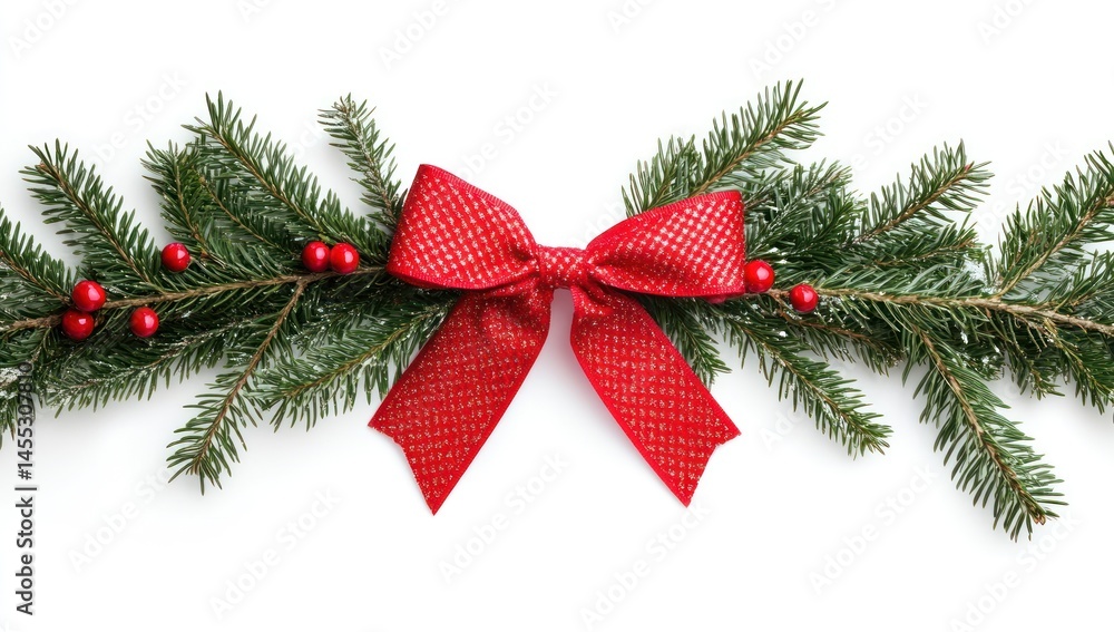festive christmas garland arrangement featuring vibrant red bow and holly berries on evergreen branches against a clean white background festive christmas garland arrangement featuring vibrant red bow and holly berries on evergreen branches against a clean white background