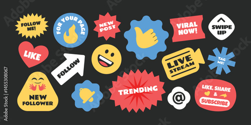 Social media stickers, patch, badges design. Colorful emoji character and promotional elements collection.