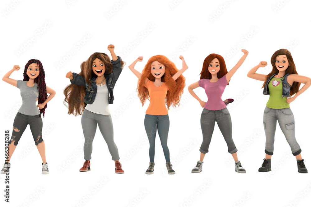 Obraz premium Cartoon Illustration Of Five Women Posing with Arms Raised with Transparent Background