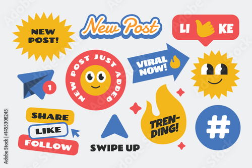 Social media stickers, patch, badges design. Colorful emoji character and promotional elements collection.