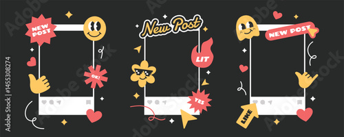 Trending and viral social media post concept with photo frame, stickers, and emoji character collection 
