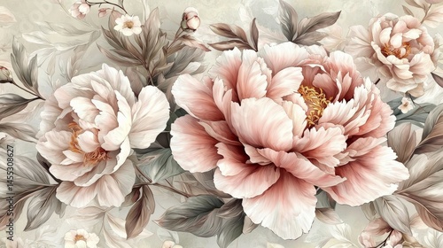 Seamless Watercolor Wallpaper Design Delicate Peony Flowers and Leaf Background for Greeting Cards