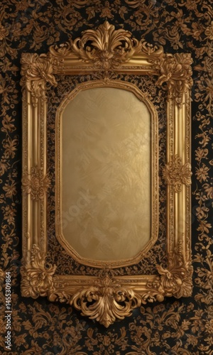 Intricate gold frames adorn rich damask fabric with floral motifs on plush floors ,  ornate, gold frame