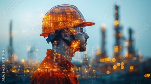 Engineer with Safety Helmet Double Exposure Over Minimalist Oil Refinery Plant Background