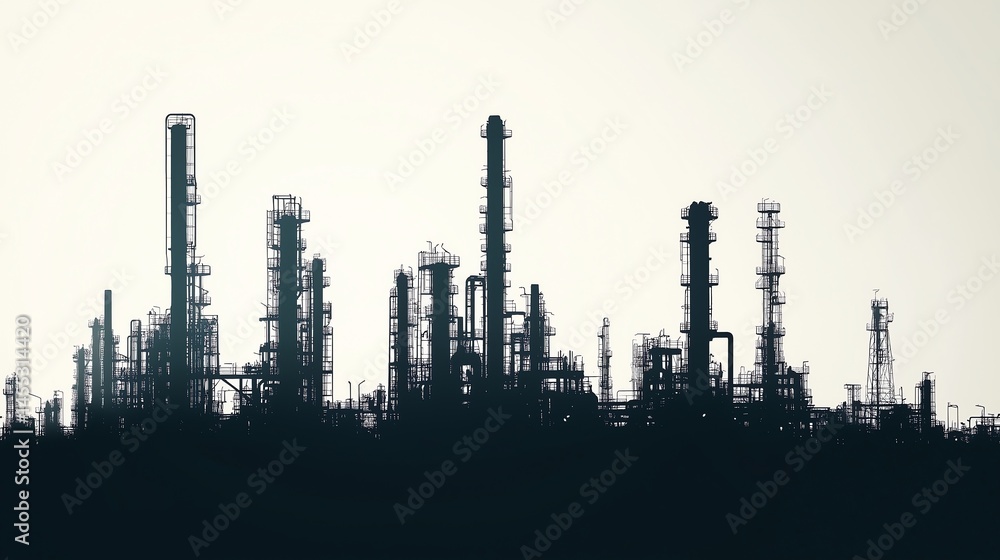 Silhouette of Oil Refinery Complex - Minimalist Industrial Factory Design Silhouette of Oil Refinery Complex - Minimalist Industrial Factory Design