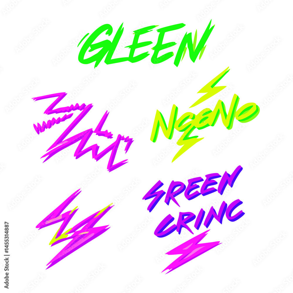 Obraz premium Retro Neon Text With Lightning Bolts And Abstract Shapes On Black Background