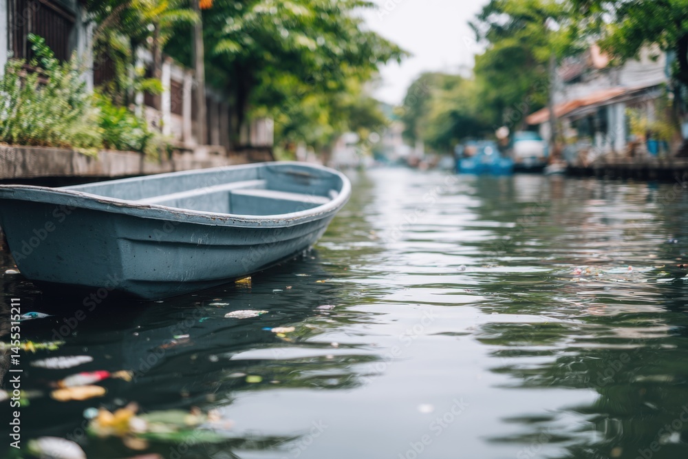 Obraz premium A gray boat floats on a polluted canal, trash and debris scattered on the surface.