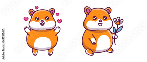 Set of cute hamsters feeling love happiness anger holding flower