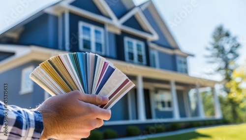 Fototapeta Naklejka Na Ścianę i Meble -  choosing the perfect house color scheme a homeowner holds paint swatches against their home exterior renovation and design inspiration concept