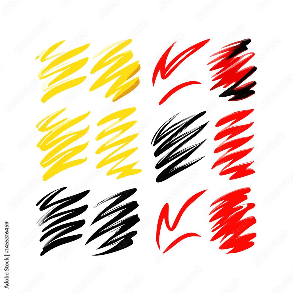 Obraz premium Abstract Brush Stroke Collection With Yellow White Red Colors On Black Backdrop