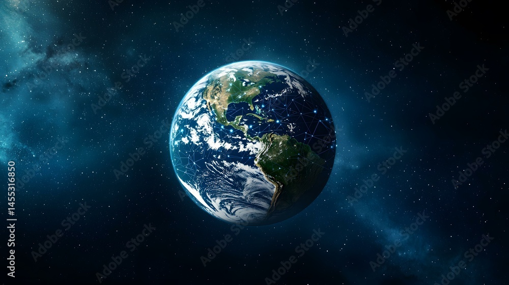 Fototapeta premium The image shows a detailed rendering of planet Earth, set against a backdrop of stars and nebulae in outer space. A network of glowing lines connects various points across the globe, symbolizing glo