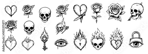 love elements vector set with broken heart, rose dagger, cupid arrow, flaming heart, crying eye, couple skulls, lock and key vector set illustration on white background