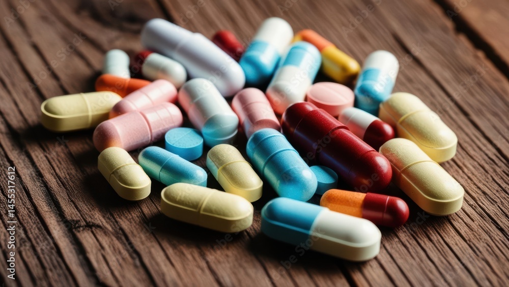 Assorted Pills Scattered On A Wooden Table, Showcasing A Variety Of Medications In Different Shapes And Colors, Representing Healthcare, Treatment, And Pharmaceutical Industry Concepts.
Assorted Pills Scattered On A Wooden Table, Showcasing A Variety Of Medications In Different Shapes And Colors, Representing Healthcare, Treatment, And Pharmaceutical Industry Concepts.