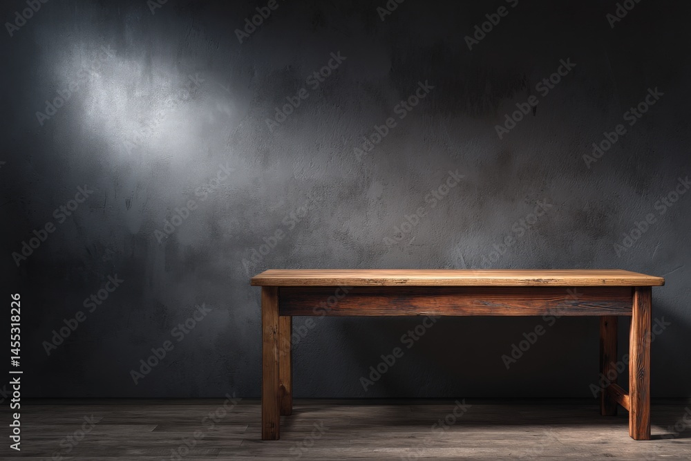 Rustic wooden table against a dark textured wall. A moody, dramatic setting. Rustic wooden table against a dark textured wall. A moody, dramatic setting.