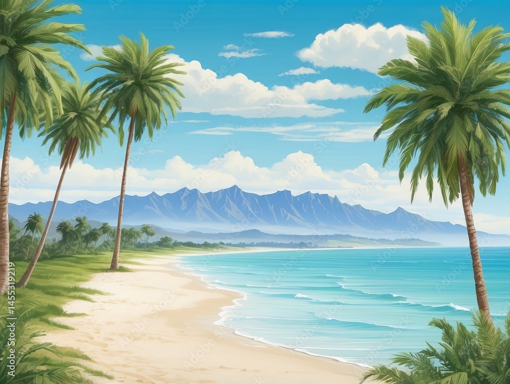 Obraz premium Tropical Beachside View with Ocean Waves and Palm Trees Illustration