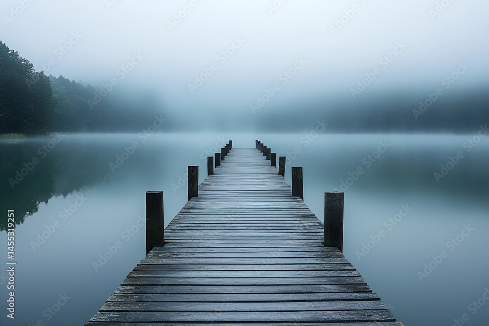 Fototapeta premium Serene wooden pier extending into a misty lake surrounded by fog-covered mountains at dawn