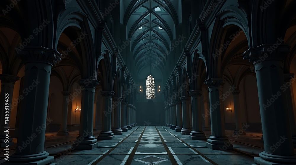 Fototapeta premium Dramatic Interior of a Gothic Style Hallway with Columns and Arches